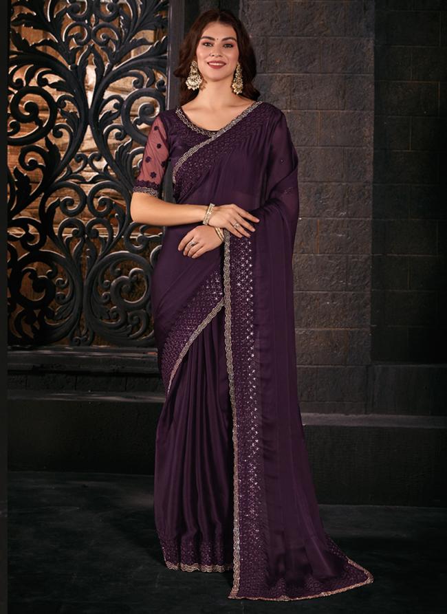 Satin Chiffon Purple Party Wear Cut Work Saree